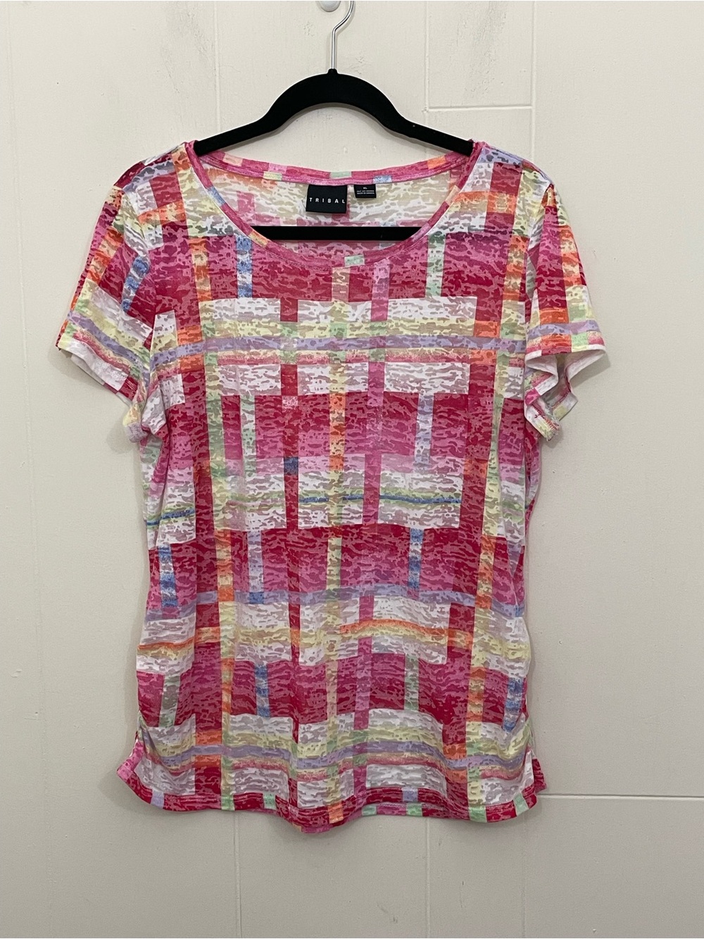 Tribal Short Sleeve Burnout Tee Shirt Women's Size L Colorful Cinch Side Details
